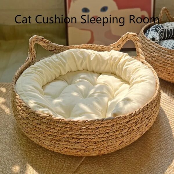 Handmade Vine Woven Cat Bed – All-Season Natural Eco-Friendly Pet Nest with Detachable Washable Warmth Pad | Luxury Washable Pet Supplies for Cats & Small Pets - Image 2