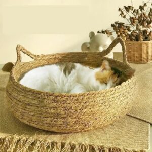 Handmade Vine Woven Cat Bed – All-Season Natural Eco-Friendly Pet Nest with Detachable Washable Warmth Pad | Luxury Washable Pet Supplies for Cats & Small Pets